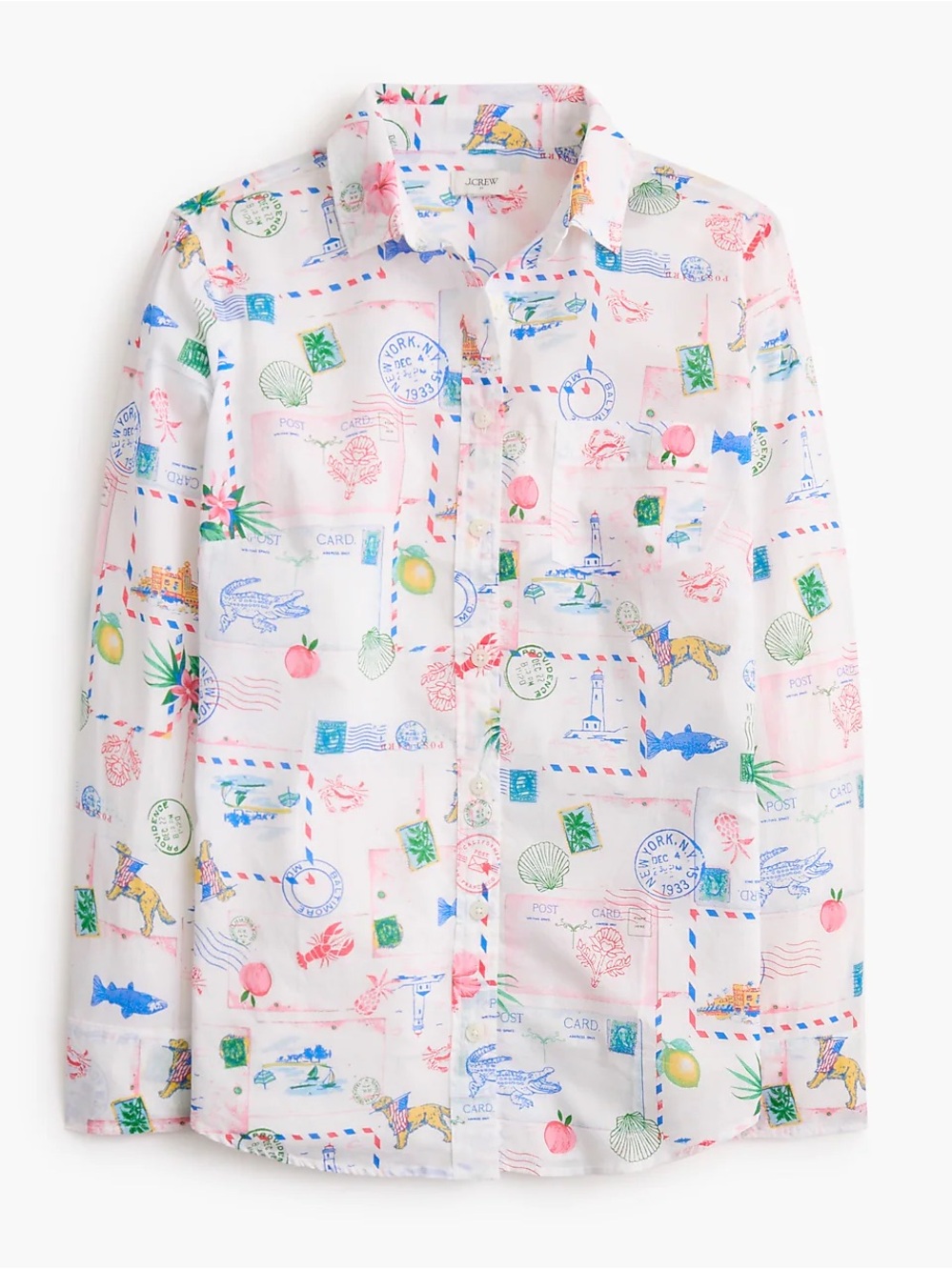 J. Crew White Lightweight Cotton Shirt Signature Fit, Postcard-Print Dog Fruit